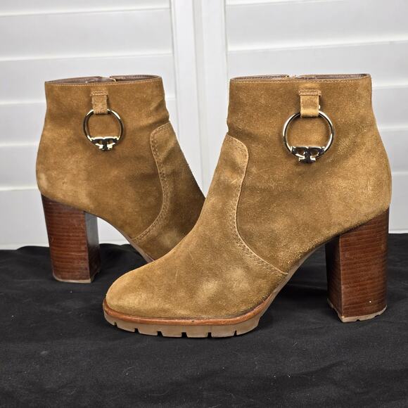 Preloved Tory Burch Sofia Logo Ring High Heel Ankle Suede Leather Booties Brown - Picture 1 of 12